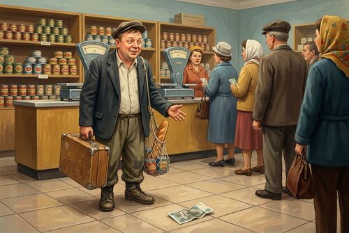 Чудик замечает на полу пятидесятирублёвую купюру.