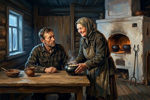 Матрёна подаёт скромный завтрак.
