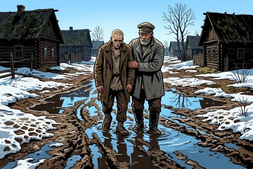 Алиндарка и приёмный отец идут по мартовской деревенской дороге после освобождения.
