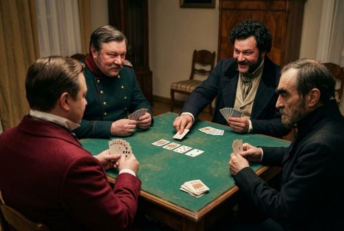 Чичиков, Ноздрёв, полицеймейстер и прокурор играют в вист