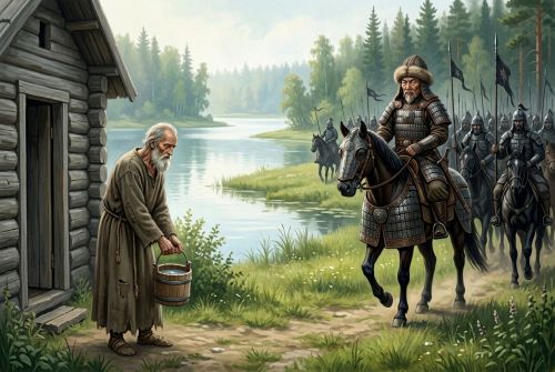 Войско Батыя подходит к скиту у озера.