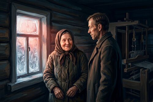 Матрёна стоит у замороженного окна.
