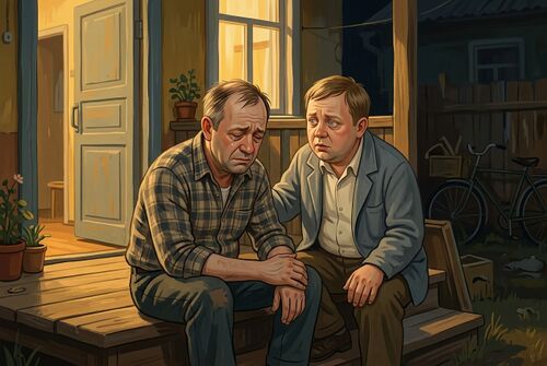 Дмитрий плачет на крыльце, а Чудик пытается его утешить.