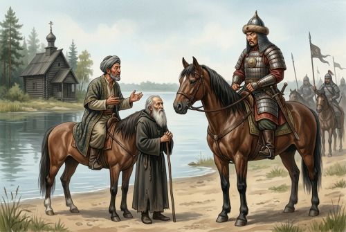 Старец и Юсуфи спорят с Батыем.