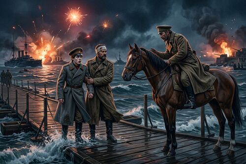 Братья встречают верхового офицера на ночном понтонном мосту.