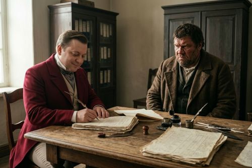 Чичиков подписывает бумаги в гражданской палате