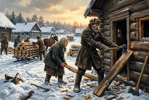 Горницу разбирают на брёвна.