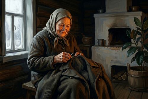 Матрёна зашивает деньги в подкладку пальто.