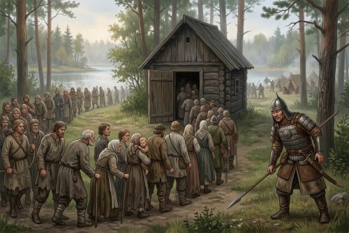 Пленники входят в маленький скит нескончаемой очередью.
