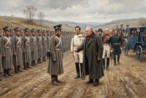 Михаил Кутузов вместе со свитой осматривает русское войско.