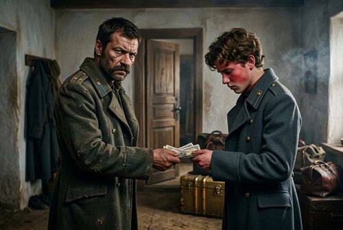 Старший Козельцов передает деньги пристыженному Володе.