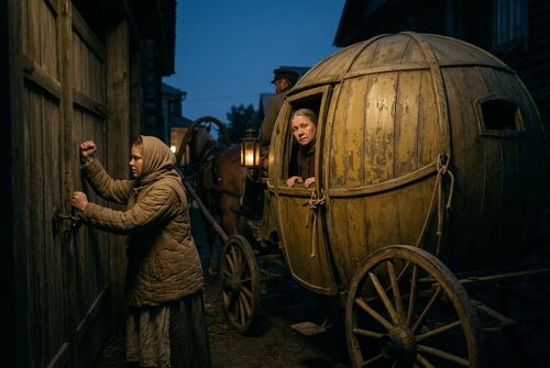 Странный экипаж Коробочки прибывает в город