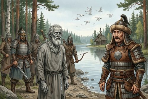 Старец каменеет на берегу озера.
