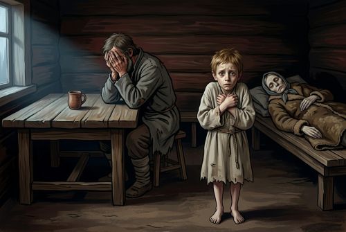 Мальчик стоит в пустой избе рядом с умершей матерью и убитым горем отцом.