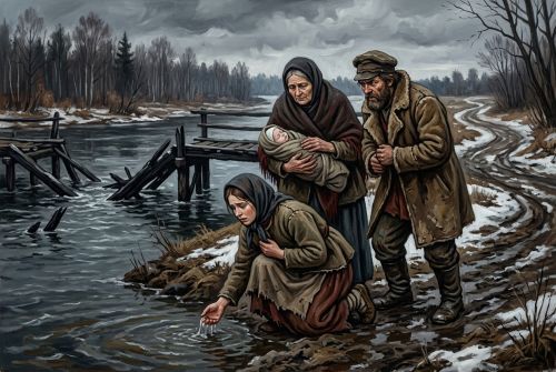 Кумовья крестят слабого младенца в холодной речной воде.
